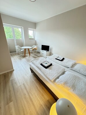 Departamento clásico, 1 habitación | Edredón, espacio para trabajar con laptop y insonorización 