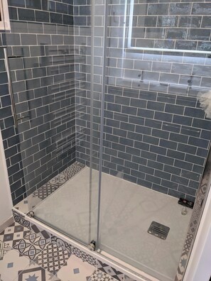 Shower, towels, toilet paper
