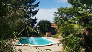 A swimming pool surrounded by lush greenery and trees.