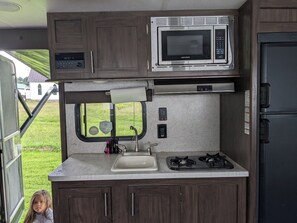 Private kitchen - RV Camping on the Salmon River in 23FT Camper on165-acre Farm, (Camden)