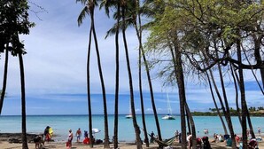 A beach with tall palm trees, people relaxing, and boats in the water.