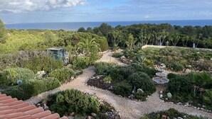 A landscaped garden with a gravel path, various plants, and a distant view of the ocean. - Casa Galo Verde, 4 persons, super sea view (Porches)