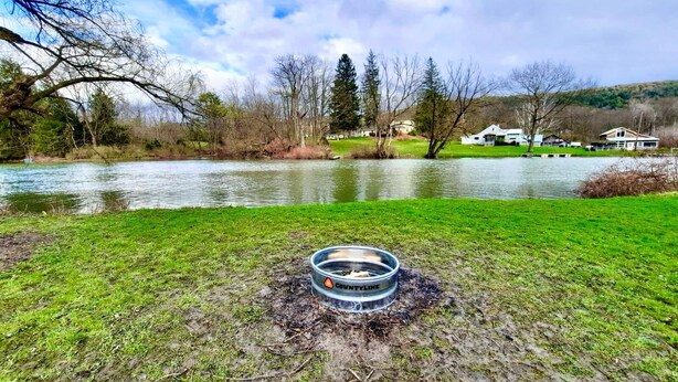 Un espace verdoyant avec un conteneur métallique portant l’inscription « DUNTLINE » au premier plan, une rivière en arrière-plan et des maisons le long de la rive.
