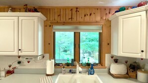 A kitchen with wooden cabinets, a double sink, and a window with a view of greenery. - Peaceful, Woodland Retreat in Frankfort, MI Near Crystal Lake & Sleeping Bear (Frankfort)