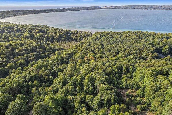 An aerial view of a dense forested area with a large body of water in the background. - Peaceful, Woodland Retreat in Frankfort, MI Near Crystal Lake & Sleeping Bear (Frankfort)