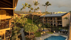 A resort with a swimming pool, palm trees, and a view of the city.