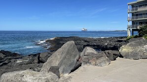 A coastal scene with a large cruise ship in the distance, rocky shoreline, and a multi-story building with balconies.