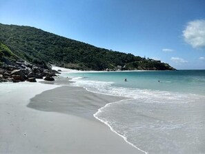 A beach with clear turquoise water, a sandy shore, and a forested hill in the background. - hihome - Royale (Cabo Frio)