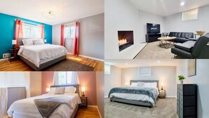 Four different hotel room layouts with distinct color schemes and furniture arrangements. - 5BD Cozy, SouthGlenn Gem, Yard, Games, Shops, close to Downtown Littleton&Denver (Centennial)