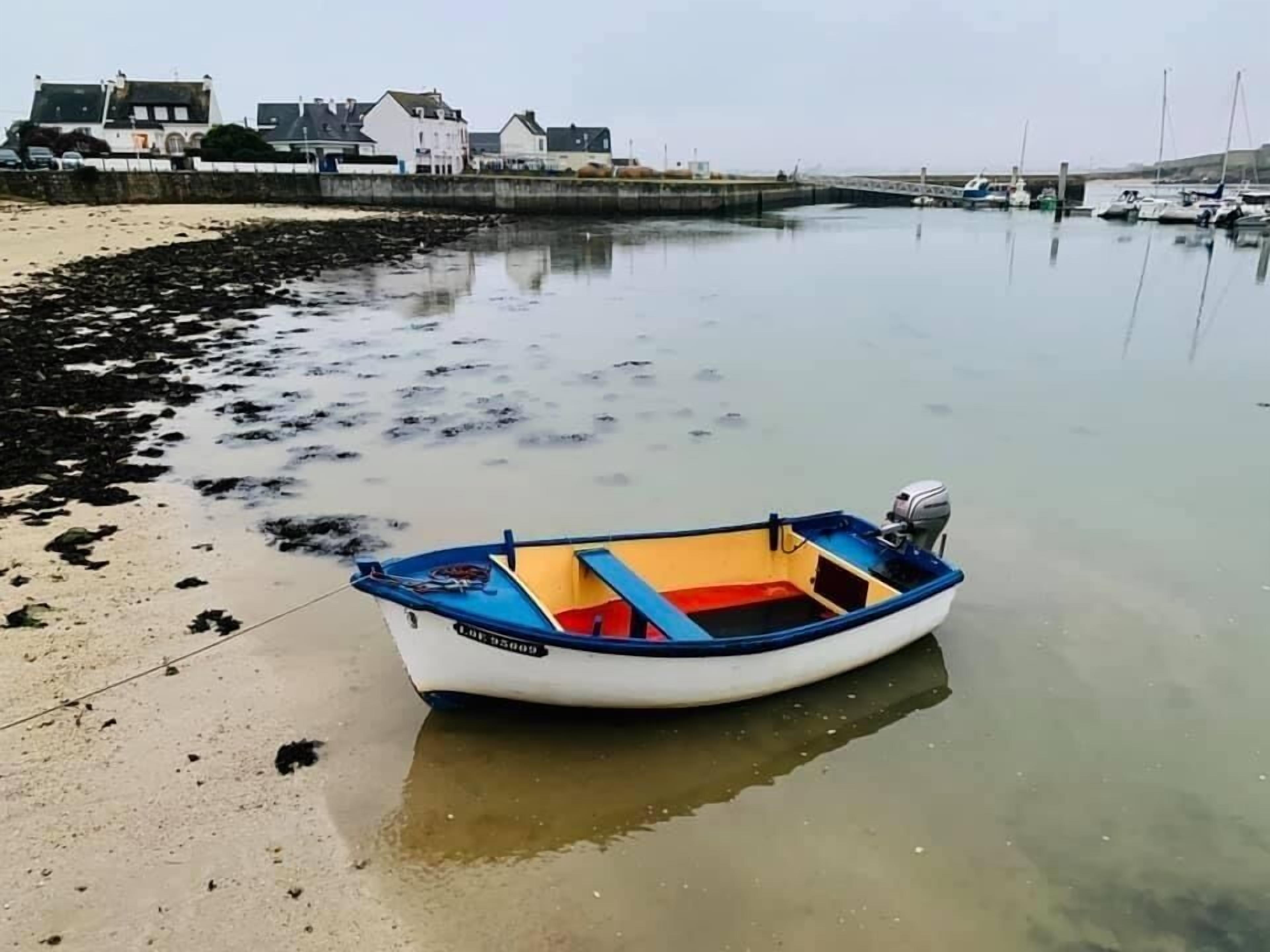 A small, colorful boat tied to a sandy shore with a calm body of water and houses in the background.