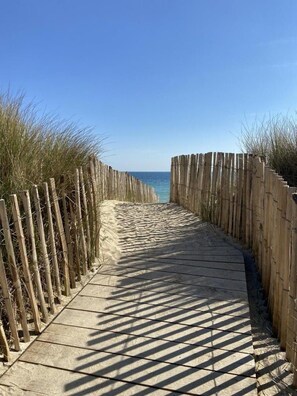 A wooden boardwalk leading to the beach, surrounded by tall grasses. - L'Effet Mer - GAVRES (GAVRES)
