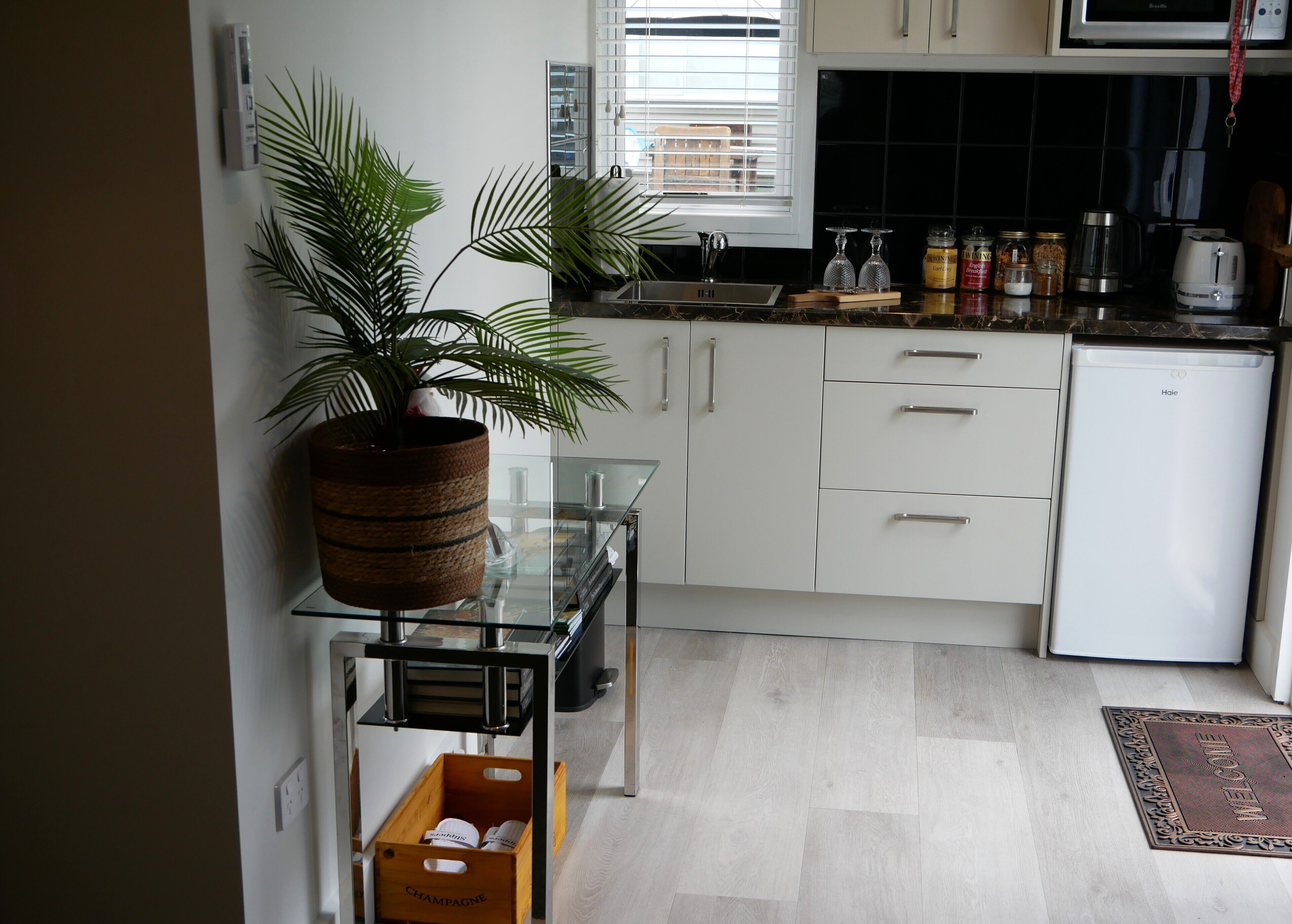 Fridge, microwave, oven, electric kettle