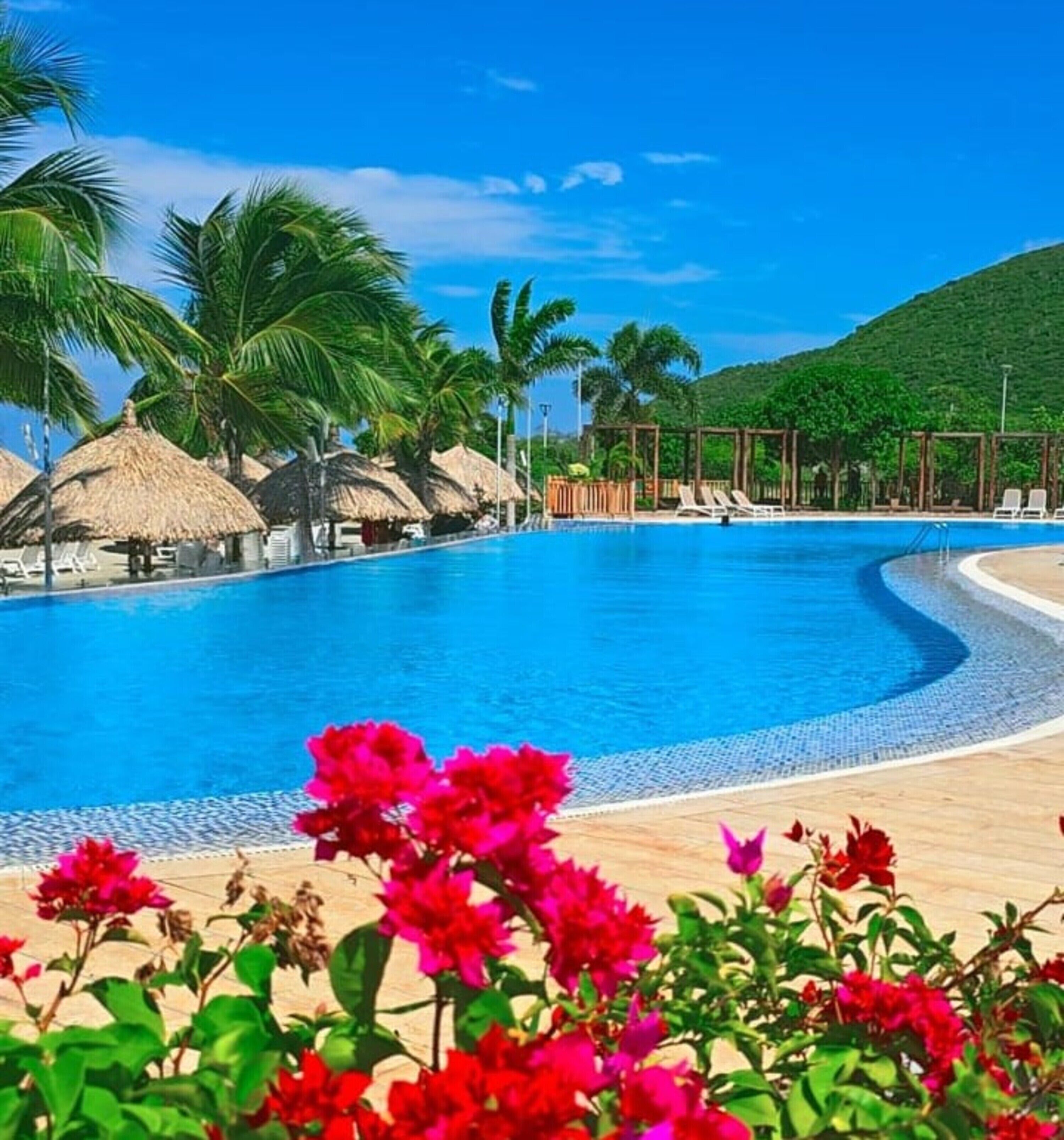 A swimming pool with palm trees and thatched-roof huts, surrounded by lush greenery.
