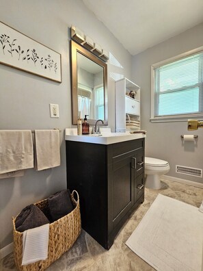 Hair dryer, towels, soap, shampoo