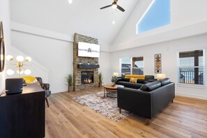 TV, fireplace, table football