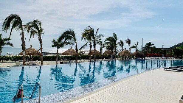 Piscina con palmeras y sombrillas de paja, rodeada de sillas de descanso y una terraza de madera.
