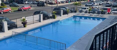 A swimming pool with a metal railing, surrounded by lounge chairs and palm trees.