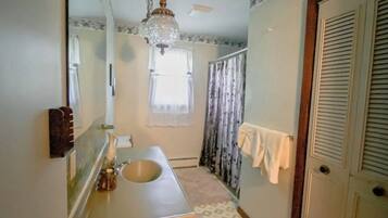 Hair dryer, towels, soap, shampoo