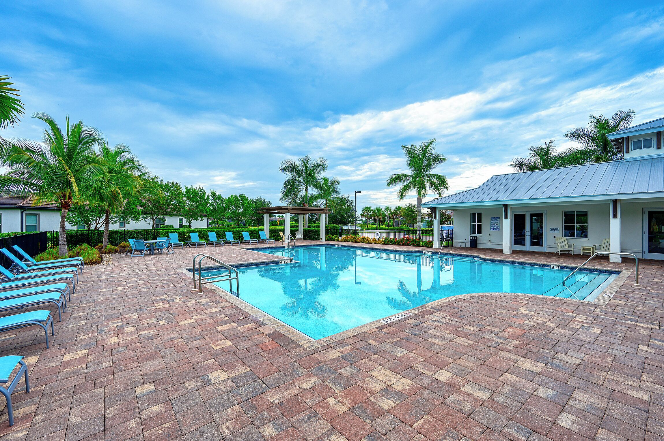 A swimming pool with lounge chairs and palm trees.