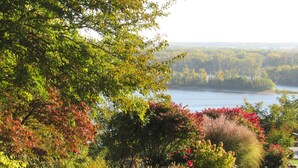 A landscape with a lake, trees, and a grassy area.