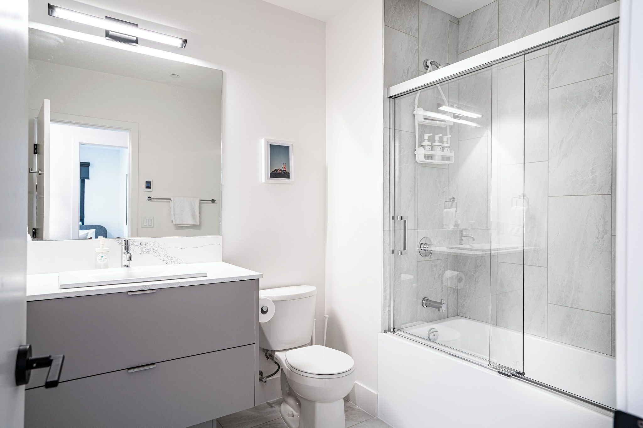 Une salle de bain moderne avec une douche à parois de verre, un lavabo blanc et des toilettes.
