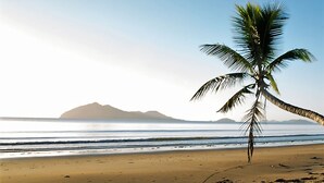 A beach with a palm tree, calm sea, and distant mountains. - Solace Dream Beachfront Escape (South Mission Beach)