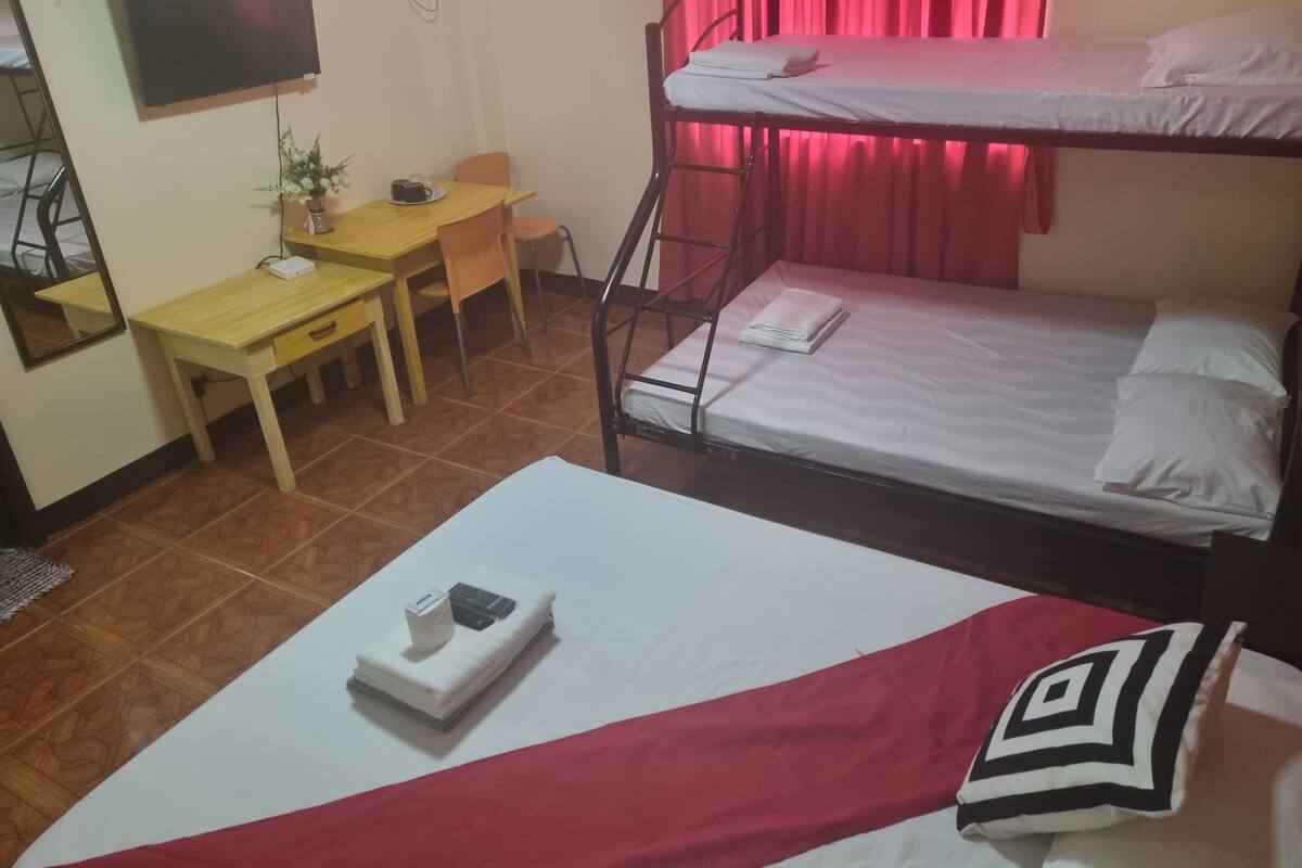 Un dormitorio con literas, un escritorio con una silla, un televisor y una pequeña mesa con una planta y una taza.