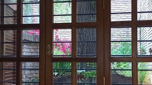 Eine Holztür mit mehreren Glasscheiben, die jeweils einen Blick auf eine Ziegelwand und Grünpflanzen freigeben.
