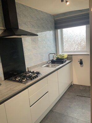 Fridge, microwave, stovetop
