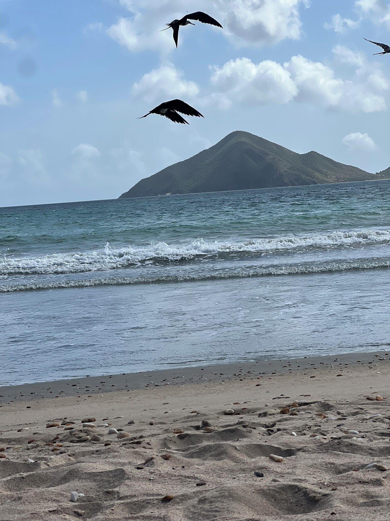 A beach with waves, pebbles, and a mountain in the background.