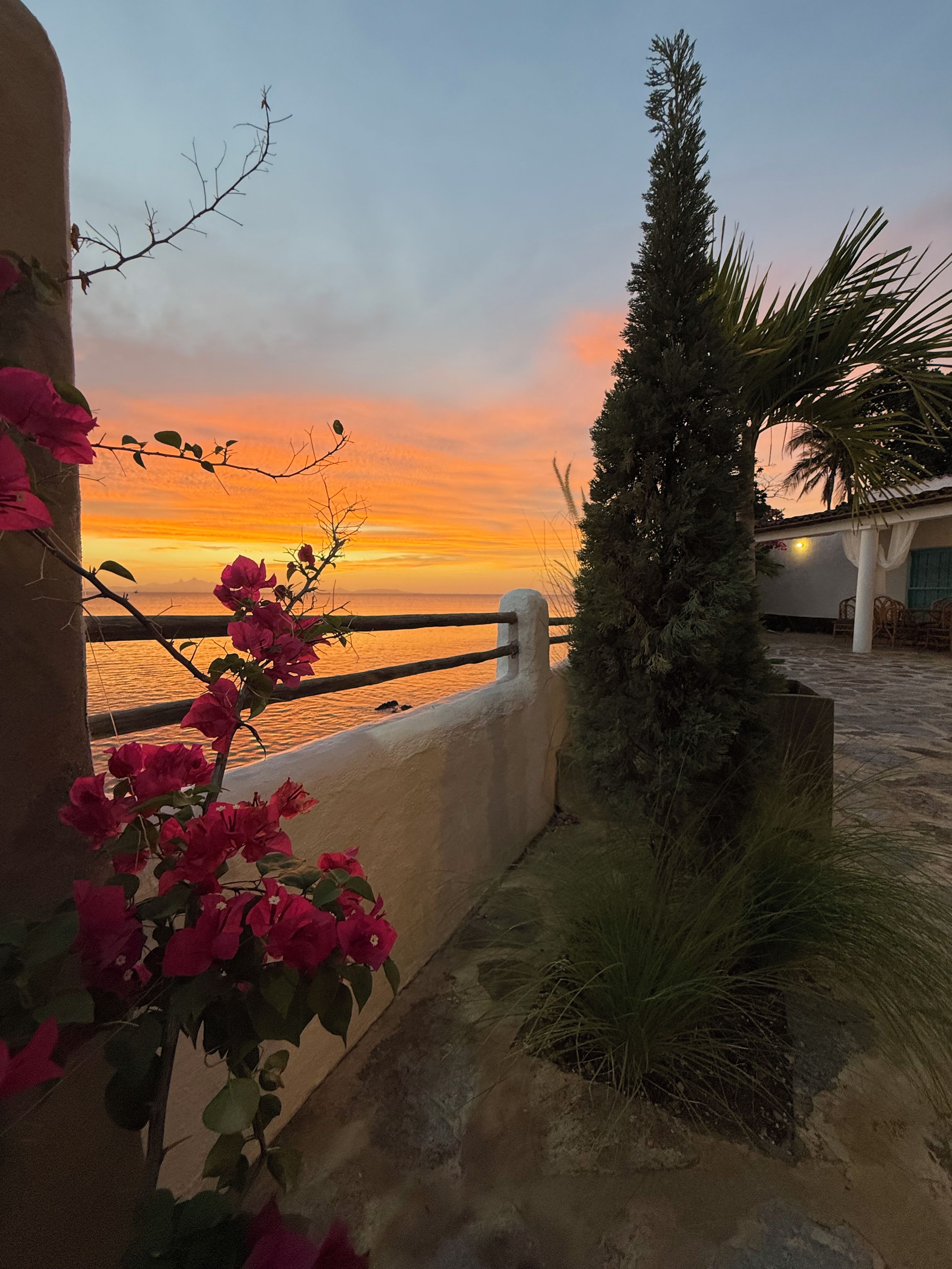 A balcony with a railing overlooking a sunset view.