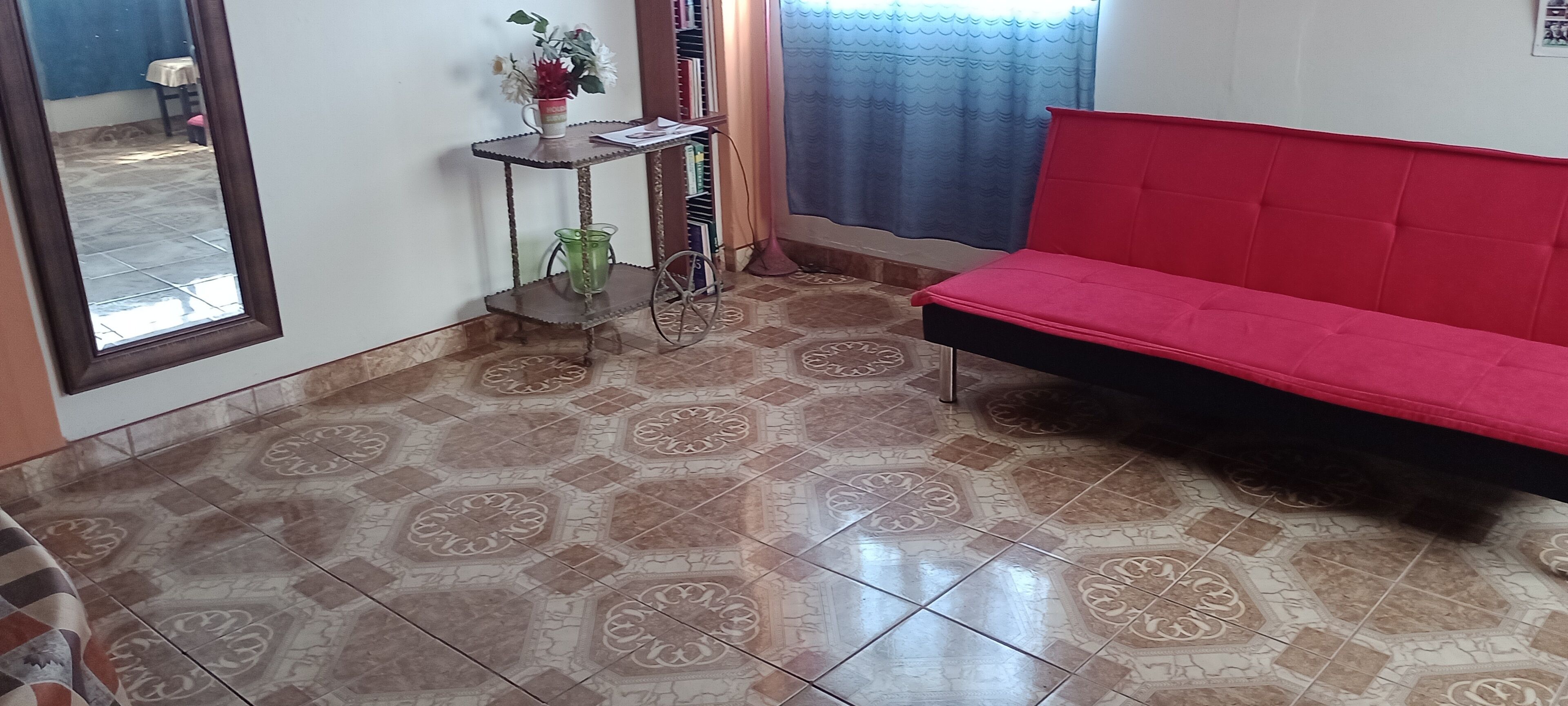 A room with a patterned floor, a red sofa, a small table with a plant, and a window with curtains.