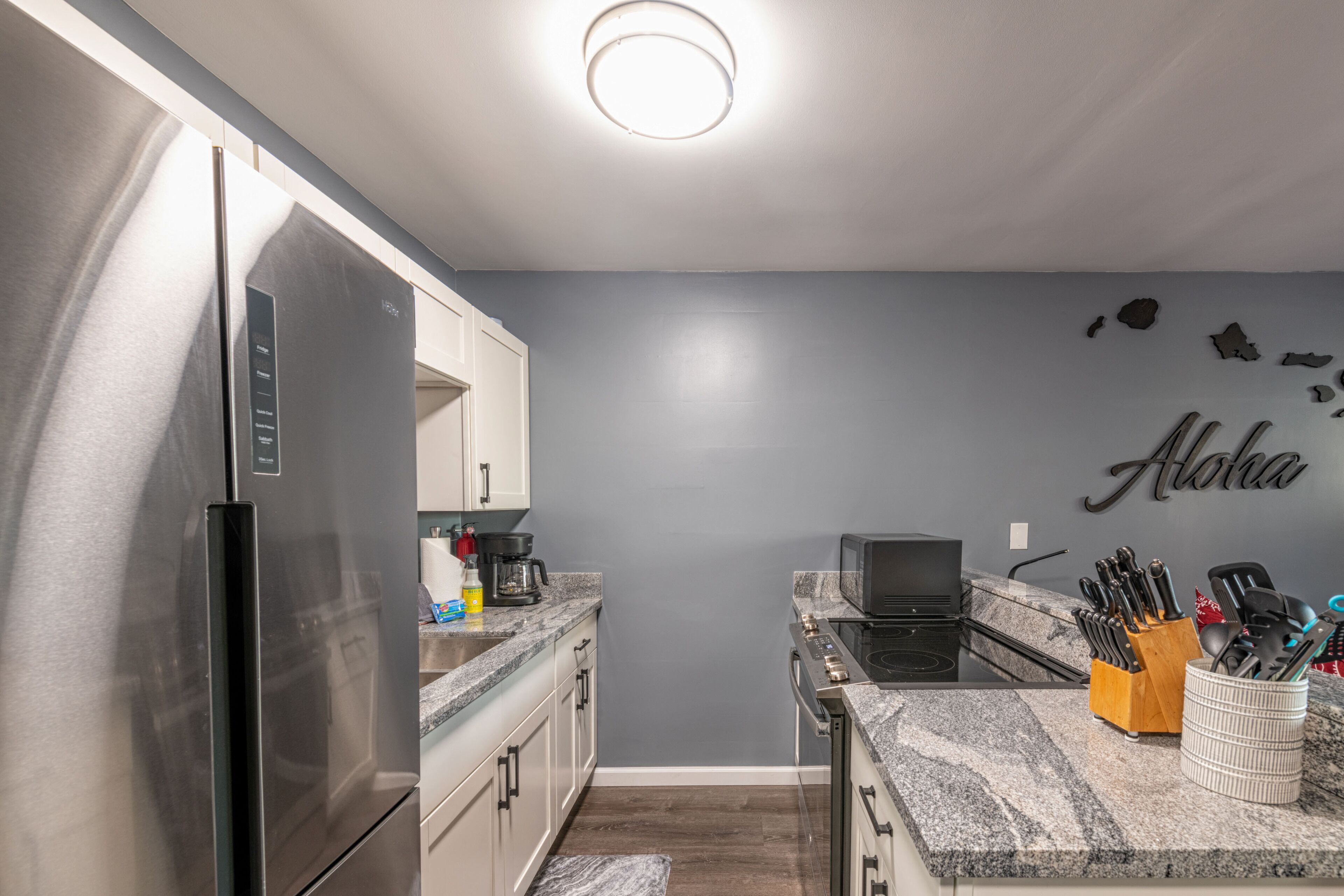 A modern kitchen with stainless steel appliances, granite countertops, and a microwave.