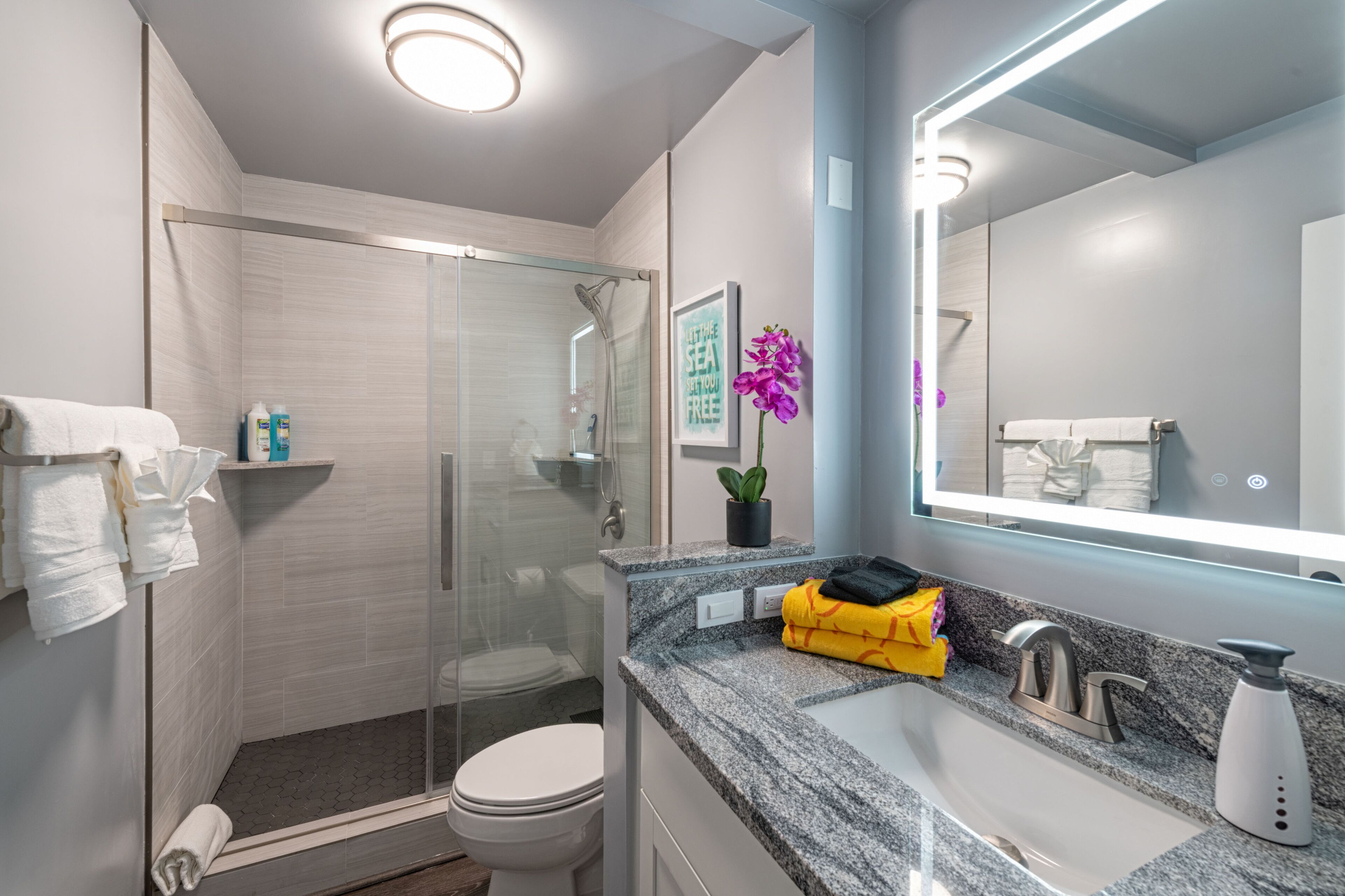 Un bagno moderno con cabina doccia in vetro, un water bianco, un lavabo con piano in granito e uno specchio grande.