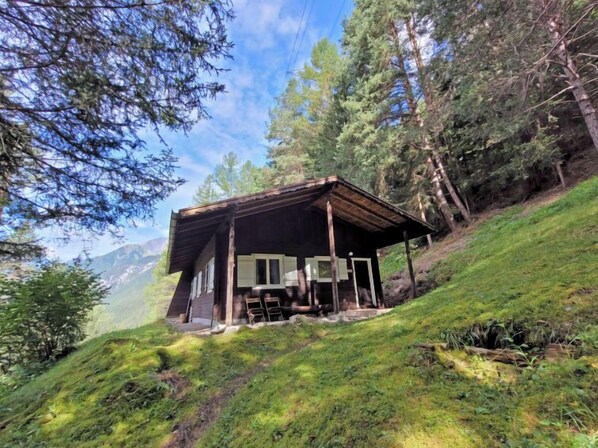 A rustic cabin with a sloped roof, wooden beams, and a porch area.
