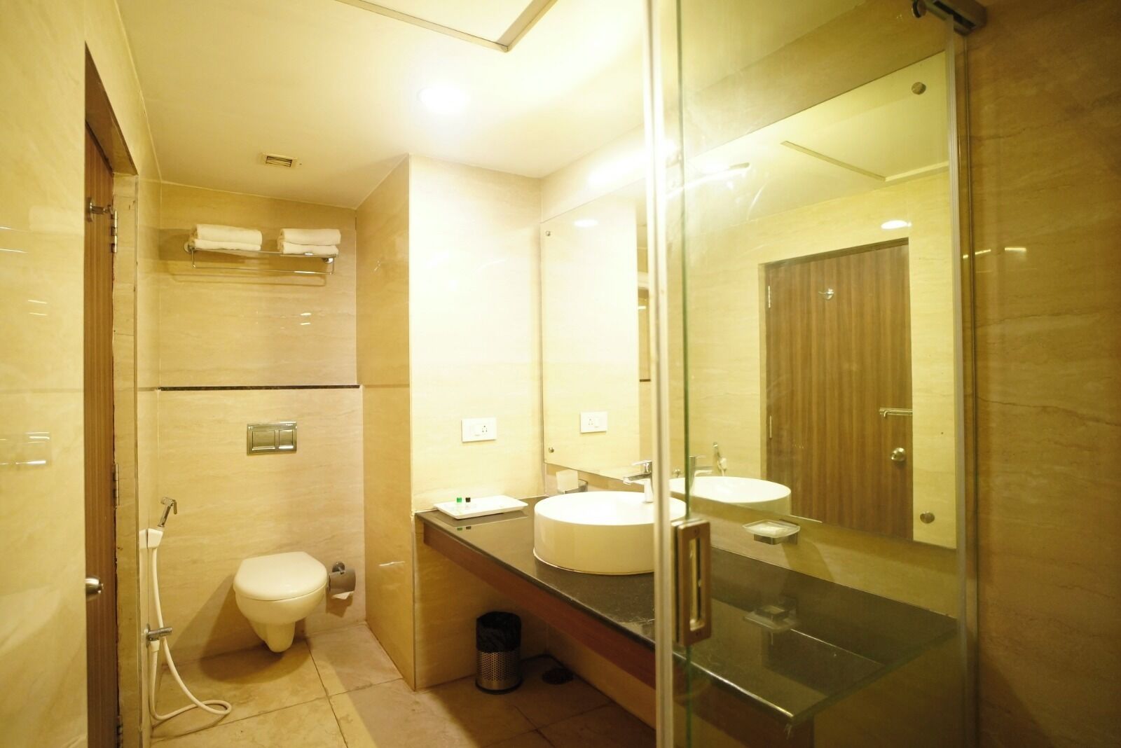 A modern bathroom with a glass shower enclosure, two sinks, and a toilet.