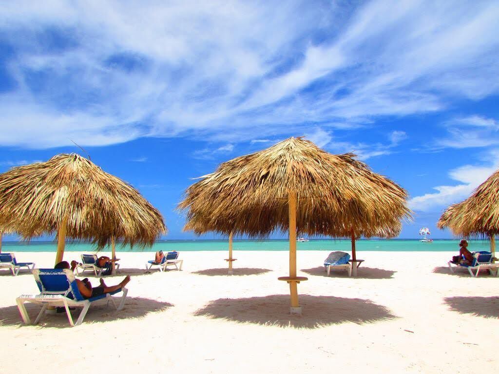 Une plage avec des parasols en chaume et des chaises longues.
