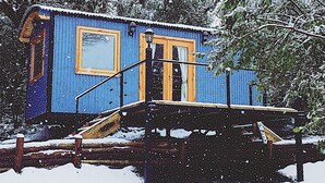 Een klein, laag huisje met een blauwe buitenkant en een gele deur, omringd door met sneeuw bedekte bomen.