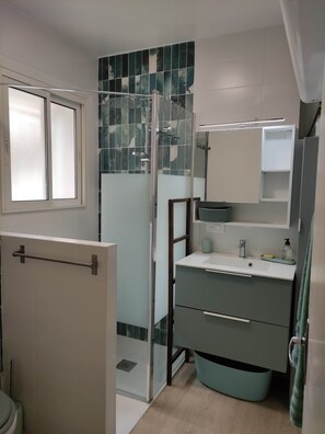 Shower, hair dryer, towels, soap