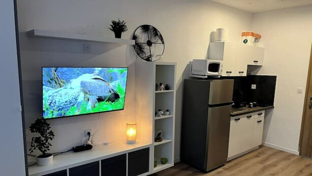 A modern kitchen with a built-in TV, a microwave, and a refrigerator.