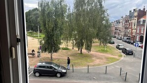 A view of a residential street with parked cars and a pedestrian.