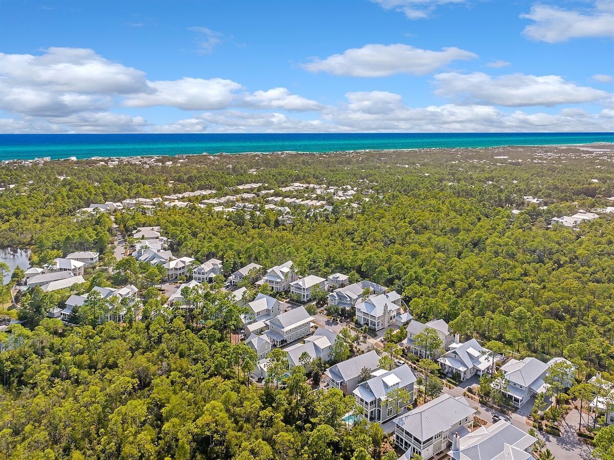 A residential area with houses surrounded by dense greenery and a clear view of the ocean.