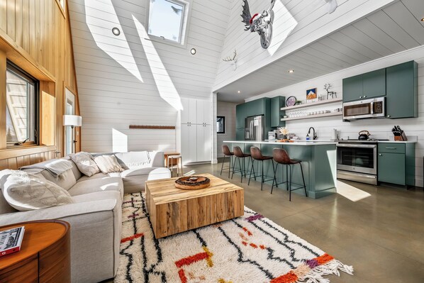 Smart TV, fireplace, books, stereo