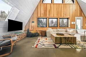 Smart TV, fireplace, books, stereo
