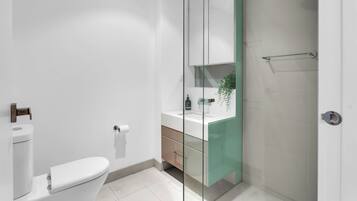 Shower, hair dryer, towels, soap