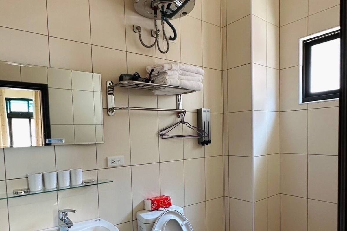 A bathroom with a sink, toilet, towel rack, and a mirror.
