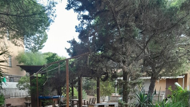 An outdoor patio area with a pergola, seating, and a small garden. - Three-room apartment within walking distance from the sea (Sardegna)