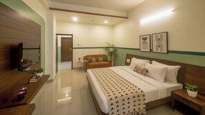 A hotel room with a bed, bedside tables, a TV, a ceiling fan, and a small side table with a plant.