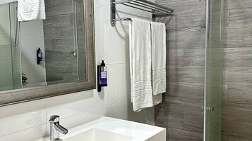 Ducha, cabezal de ducha tipo lluvia, secador de pelo y toallas