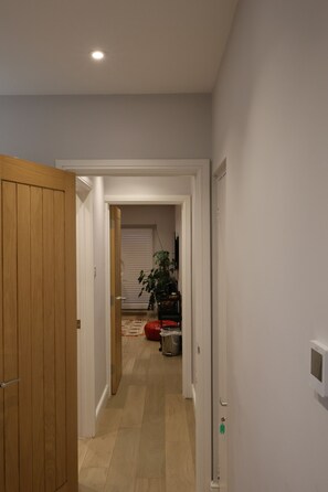 Stylish hallway leading to a room with a closed door, featuring a plant and a bag on the floor.